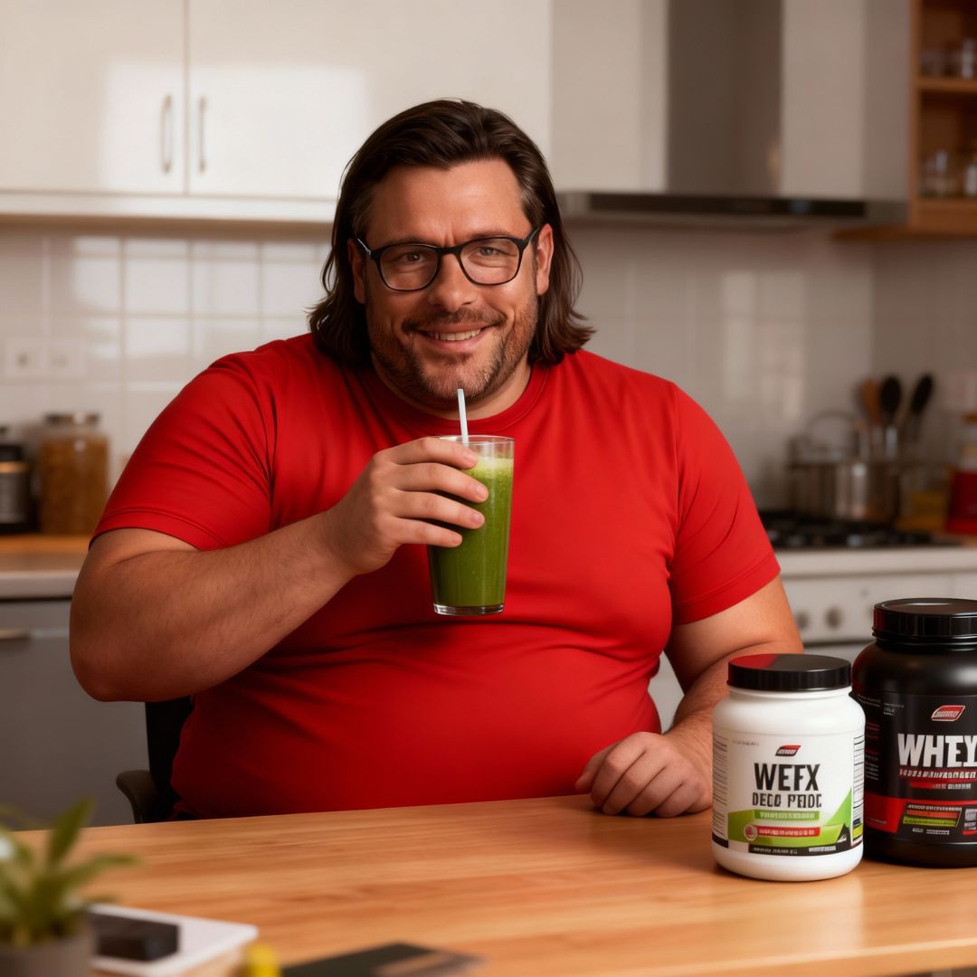 Jerônimo em sua fase com obesidade segurando um suco detox